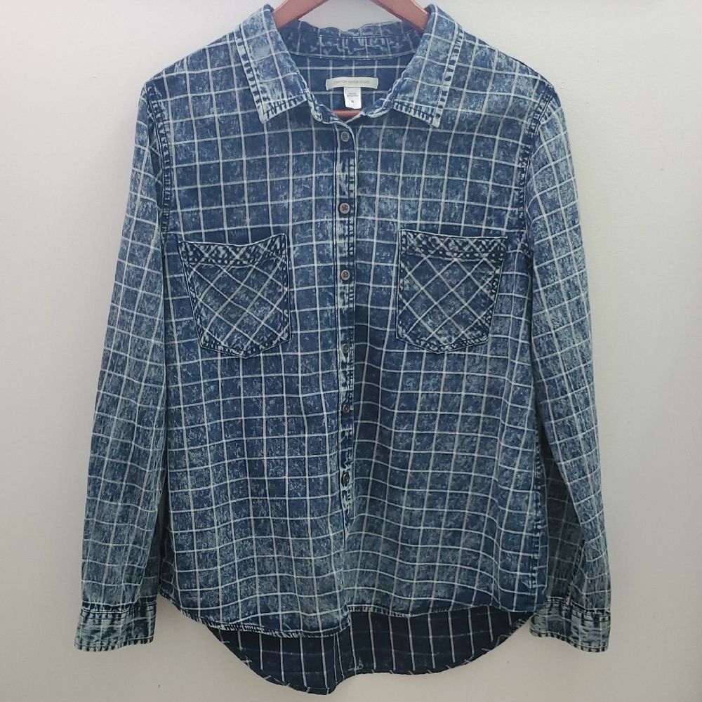 Canyon River Blues Button Up Acid Wash Lightweight Denim Windowpane XL